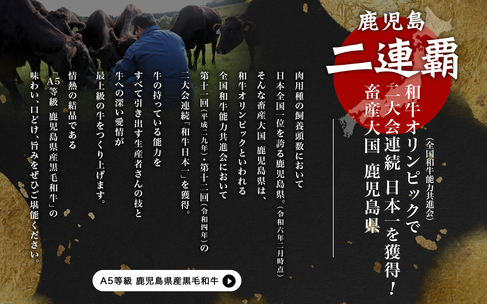 鹿児島日本一！和牛オリンピックで二連覇を達成した畜産大国 鹿児島県 極上のA5等級 鹿児島県産黒毛和牛｜カミチク ファーマーズマーケット｜新鮮・安全！牛ユッケやこだわりのお肉を産地直送！